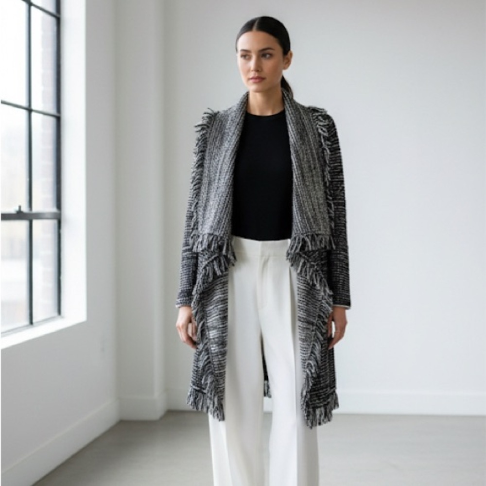 Vince black & white long wool tweed fringe sweater jacket - size Large (L)